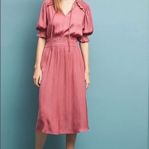 ANTHRO Rose Pink Midi Dress with Smocked Waist